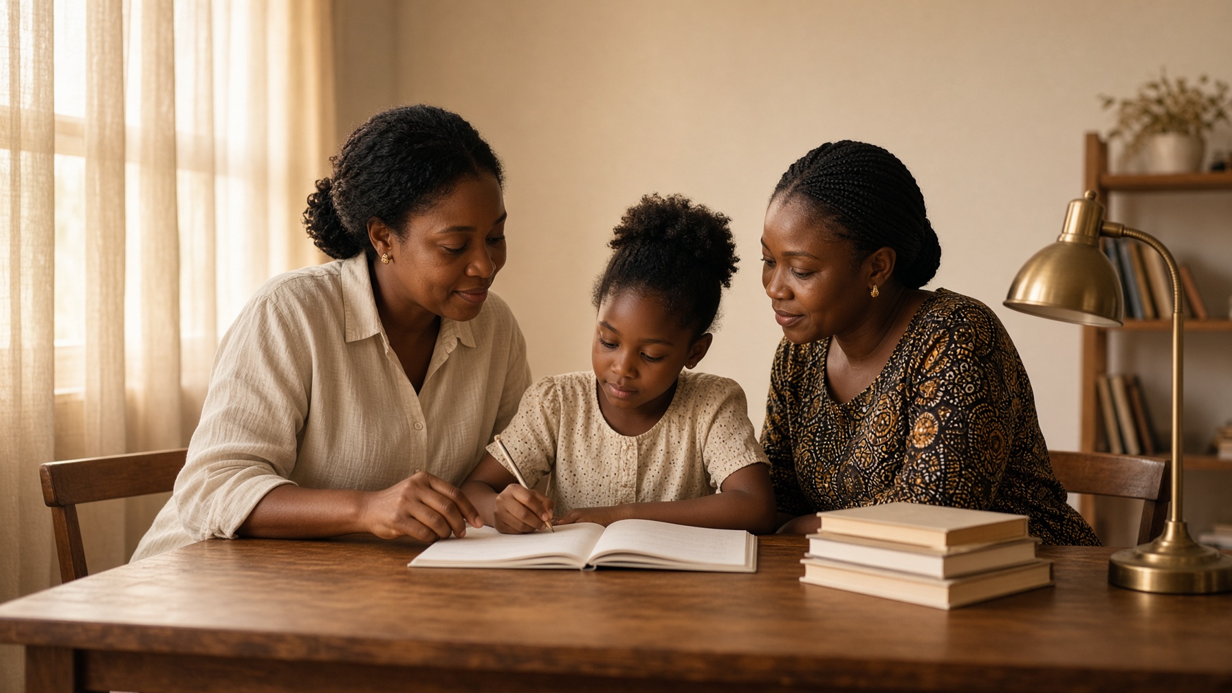 A tutor sitting with a parent and child at a study table in warm afternoon light